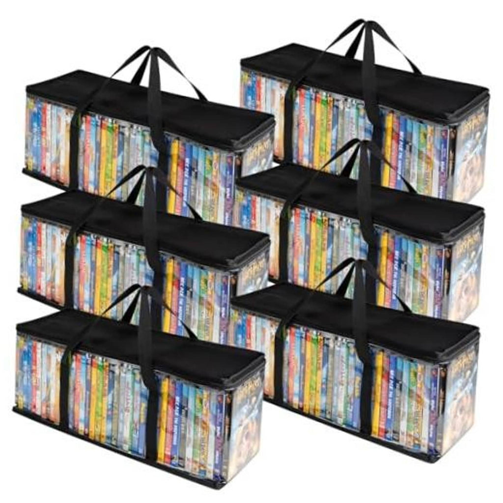 6-pack DVD storage bags with clear PVC sides and black carry straps