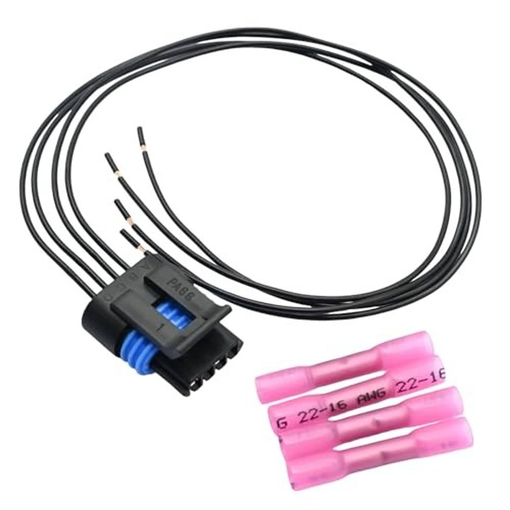 Electronic throttle body connector with wire harness, blue plug, and pink terminal blocks