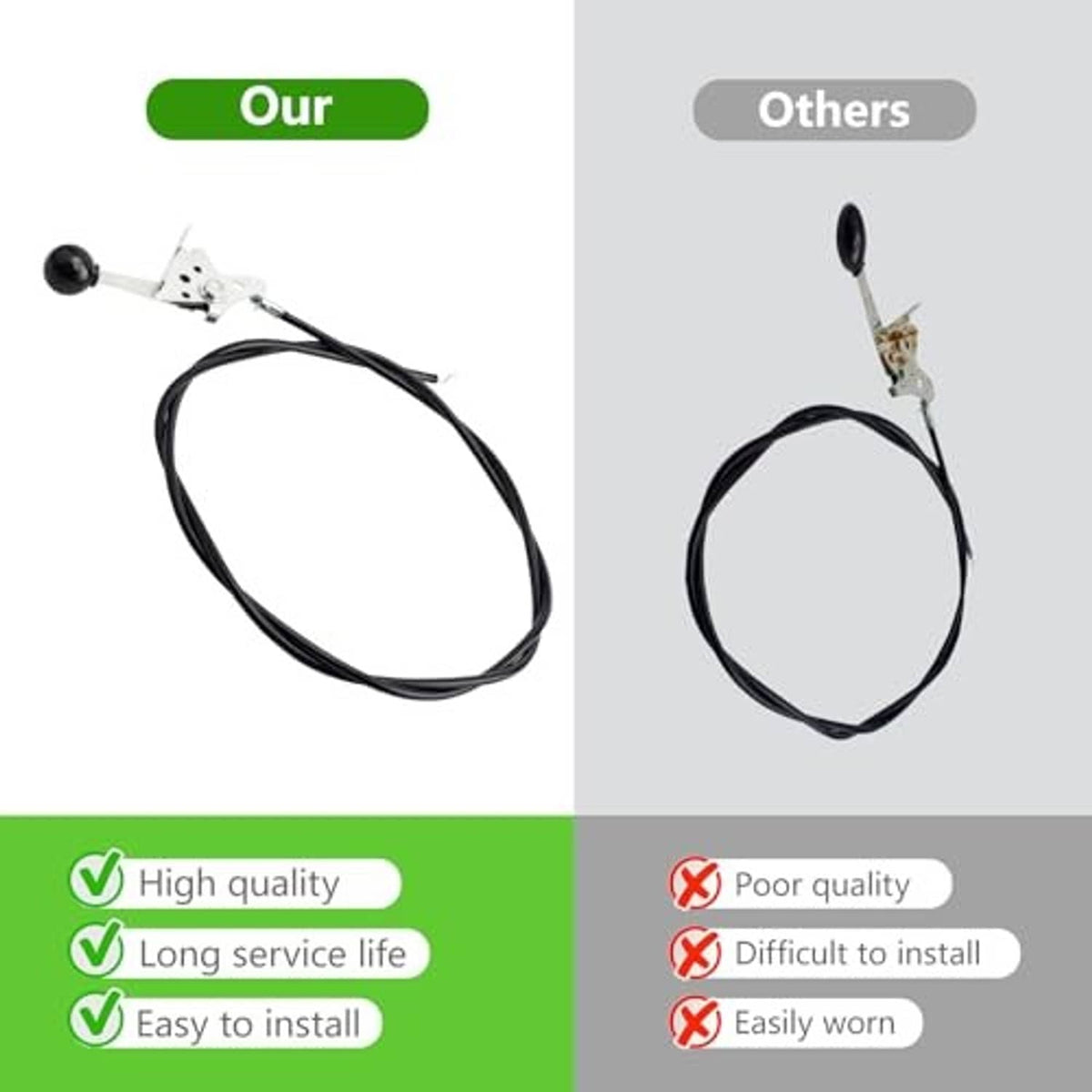 Lawn mower throttle cable with black sheath and white lever with black knob
