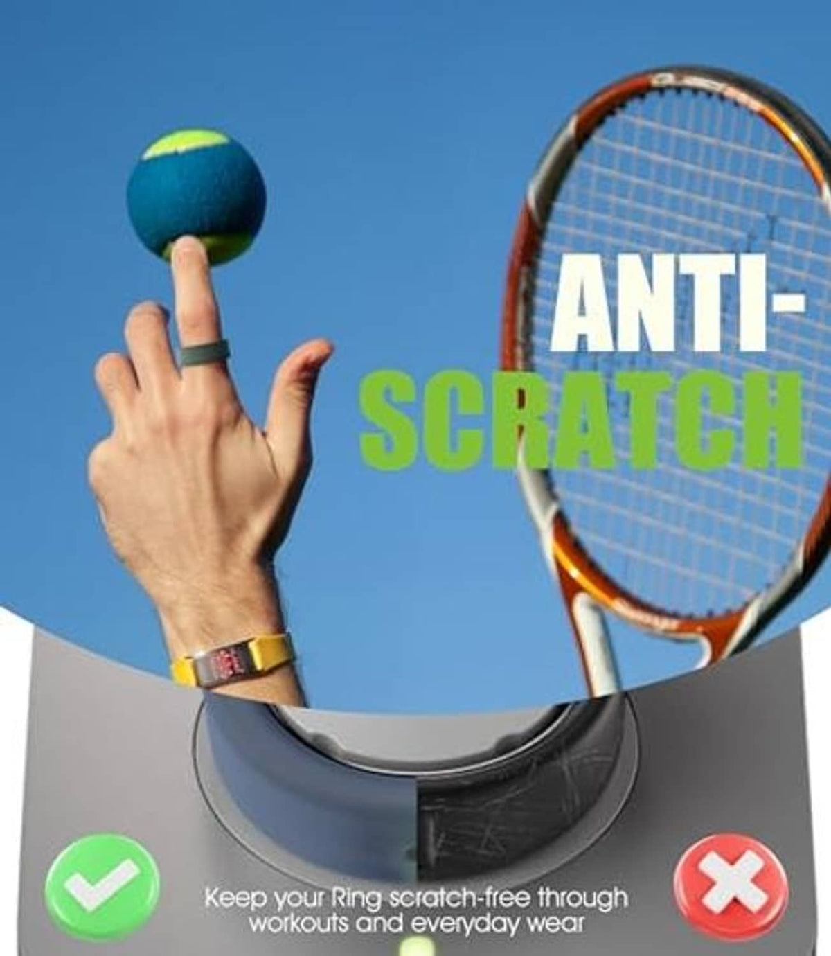 Anti-scratch silicone ring cover in dark blue, protective fit over a smartwatch-style ring.