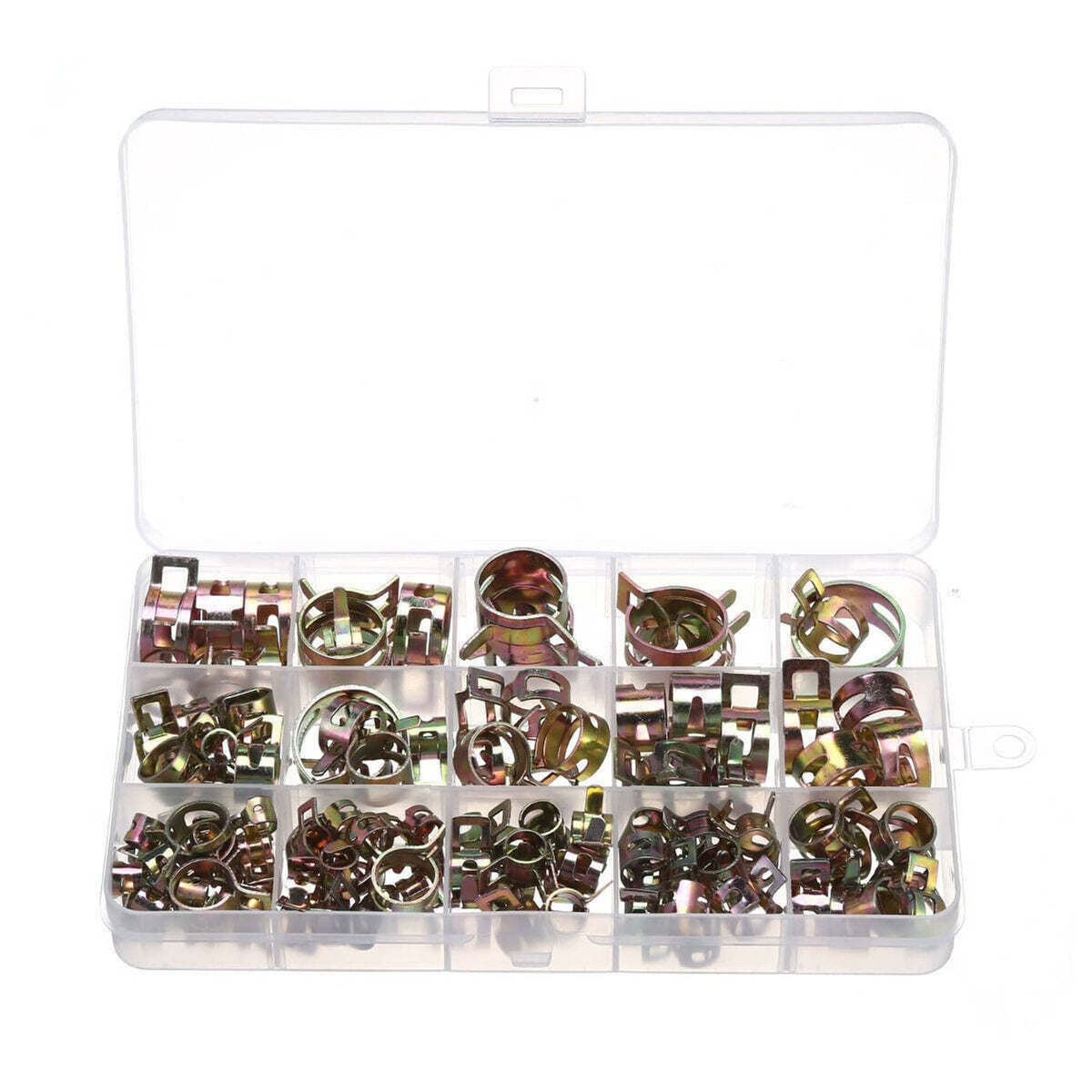 Clear plastic storage box filled with 6–22 mm spring hose clamps, 115 pcs