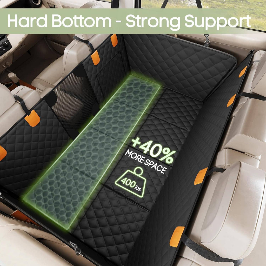 Black dog car seat extender cover with quilted padding and reinforced hard bottom panel