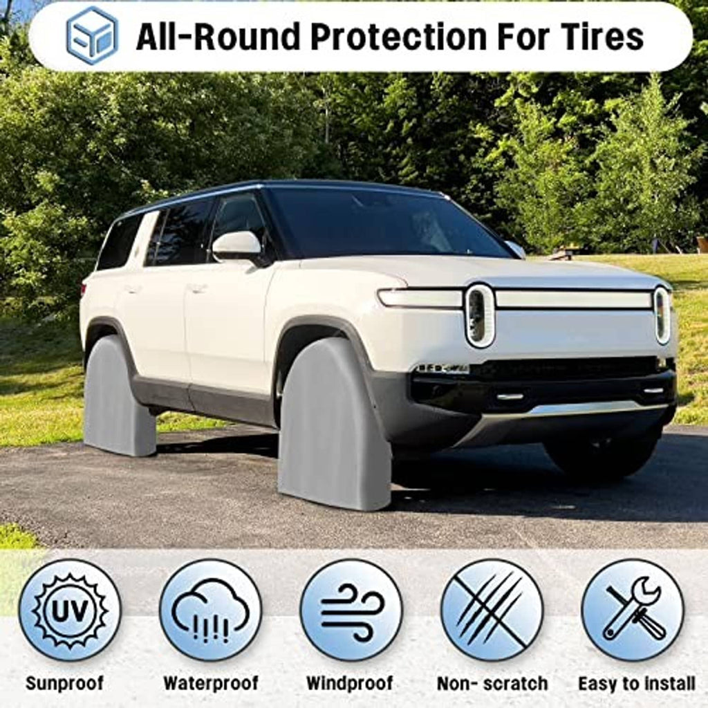 Gray arched tire cover providing all-around outdoor protection for tires