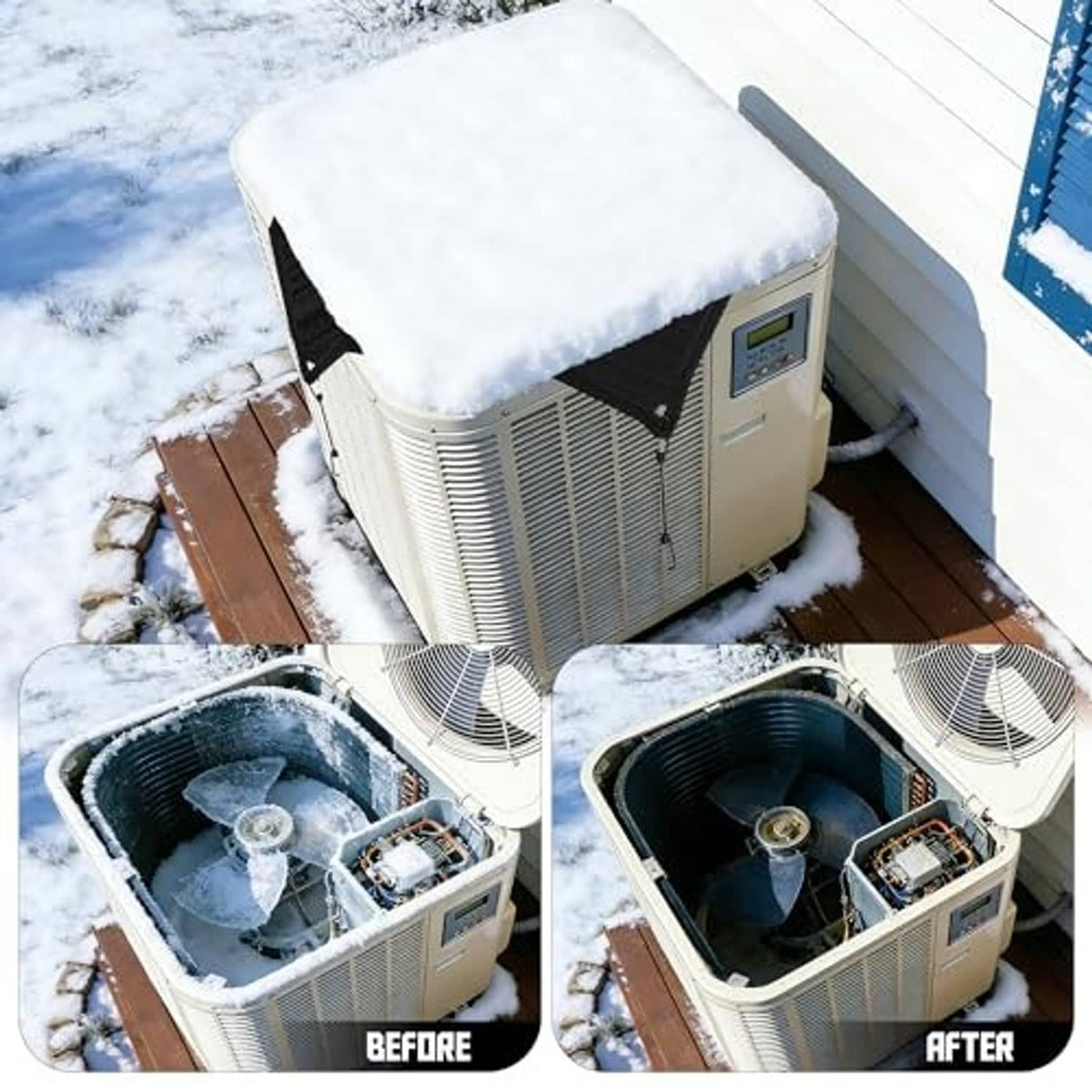 Outdoor air conditioner cover with black top shielding unit during snow