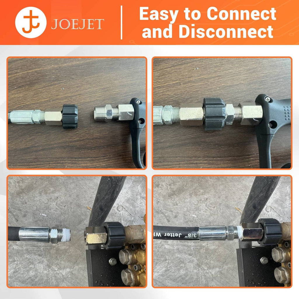 Pressure washer hose adapter clamped on at connection points, black and silver