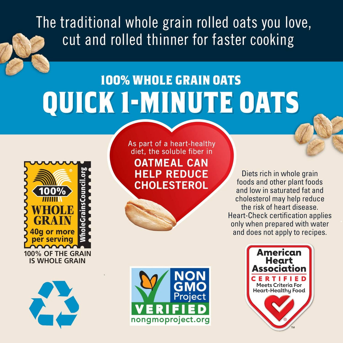 Oat cereal box panel with “Quick 1-minute oats” label and non-GMO verified badges