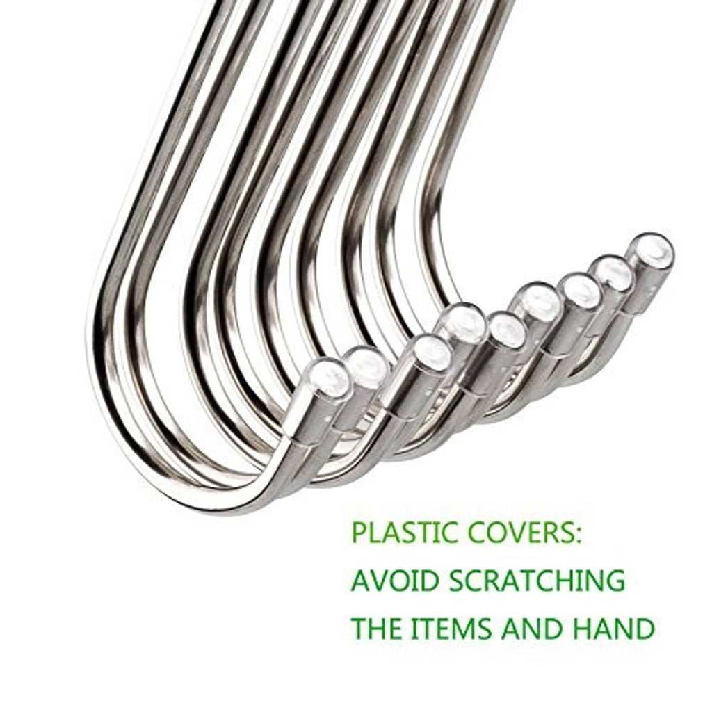 Close-up of stainless S-shaped hooks with clear protective plastic covers on tips