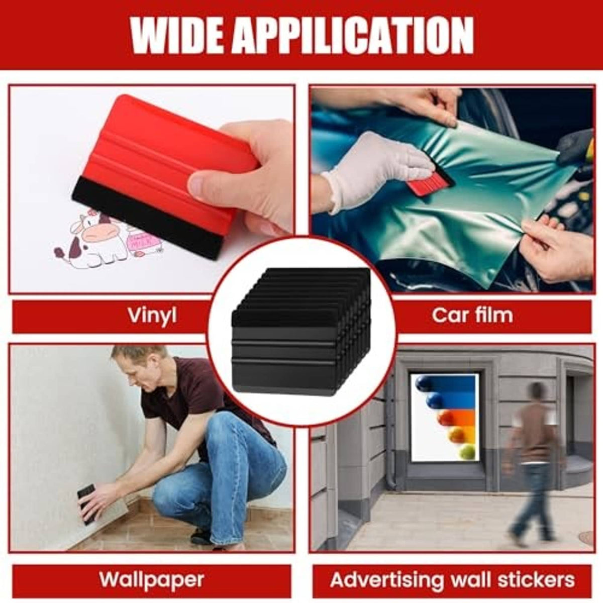Red plastic squeegee with black felt edge for vinyl, wallpaper, and car film