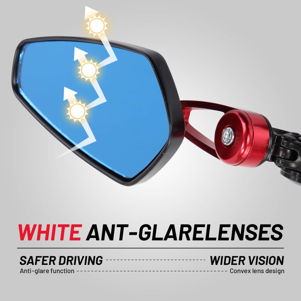 Motorcycle handlebar-end rearview mirror with blue convex lens and black-red mounting arm