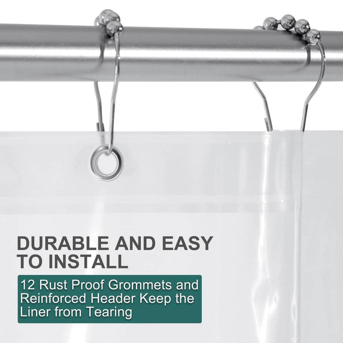 Clear shower curtain liner header with metal rings and grommet holes