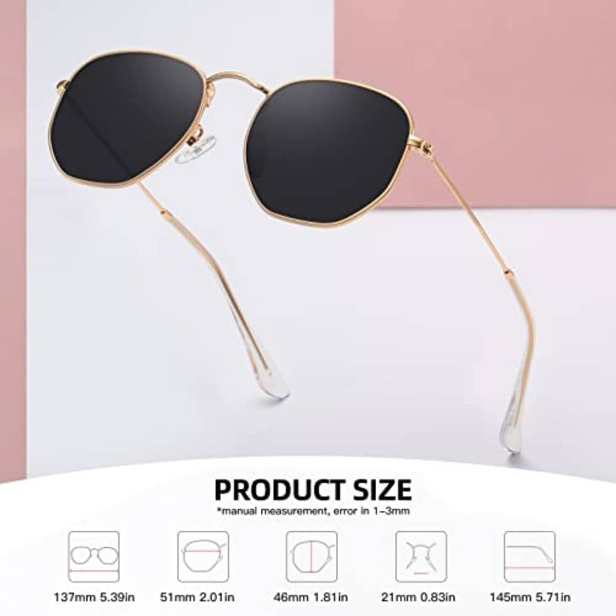 Gold hexagon sunglasses with dark lenses, thin metal frame, angled view