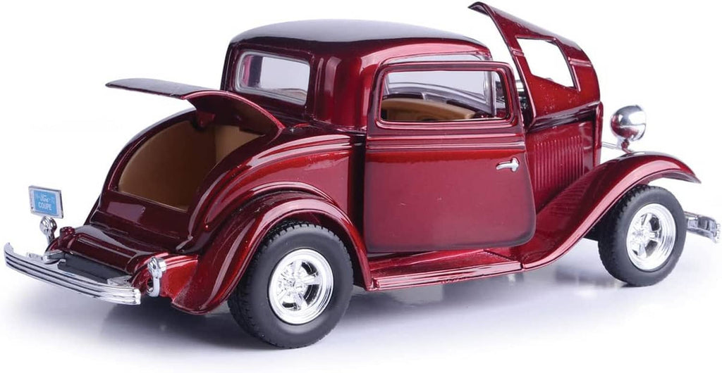 Red 1932 Ford coupe diecast model car side 3/4 view with chrome bumper and wheels.