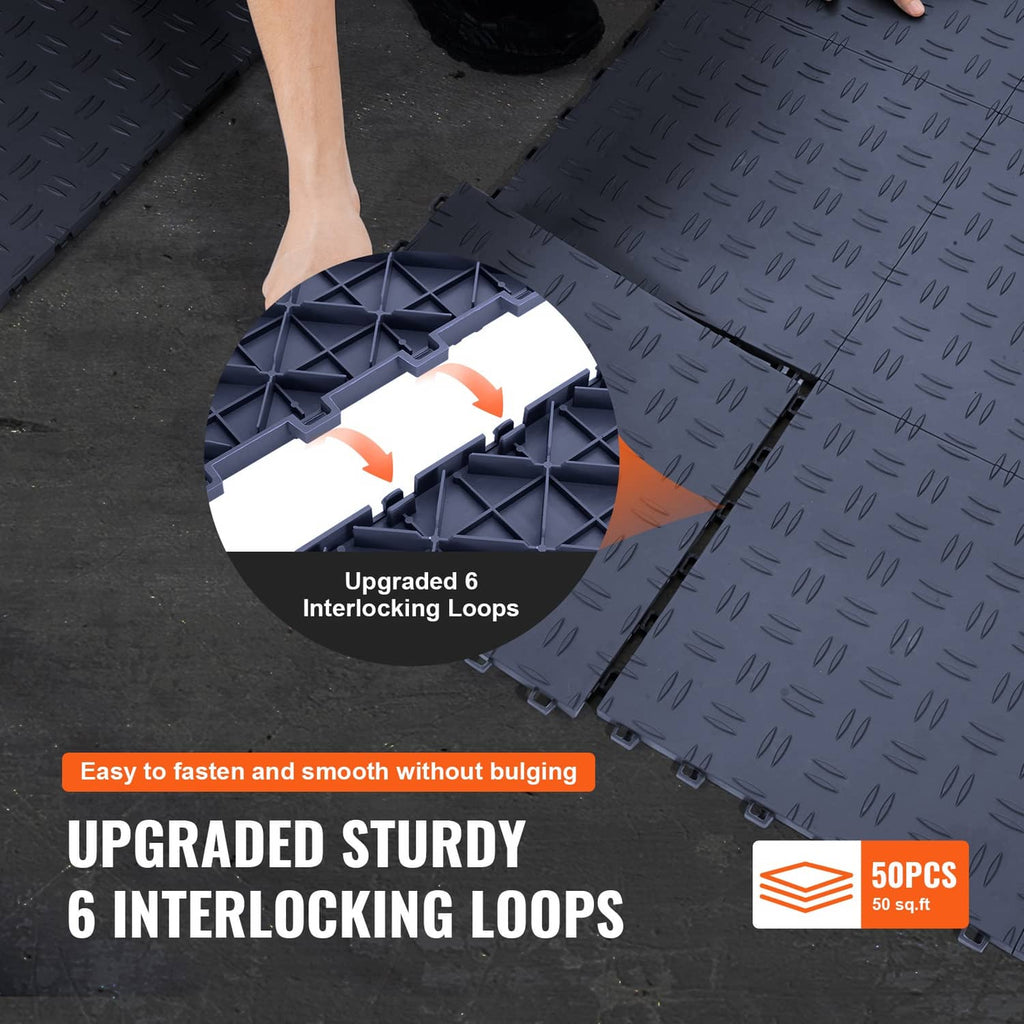 Interlocking garage floor tile corner with snap tabs and upgraded loop connectors