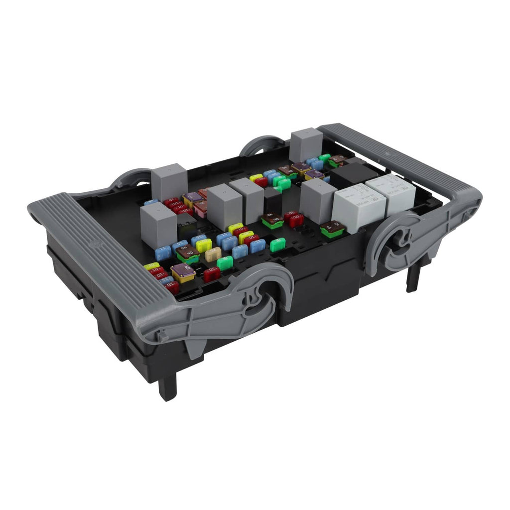Vehicle fuse relay junction block with top cover removed, exposed colorful fuse layout
