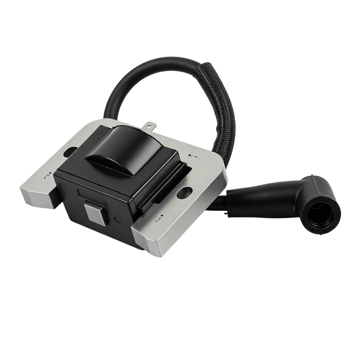 Ignition module with black wire leads and threaded spark plug connection