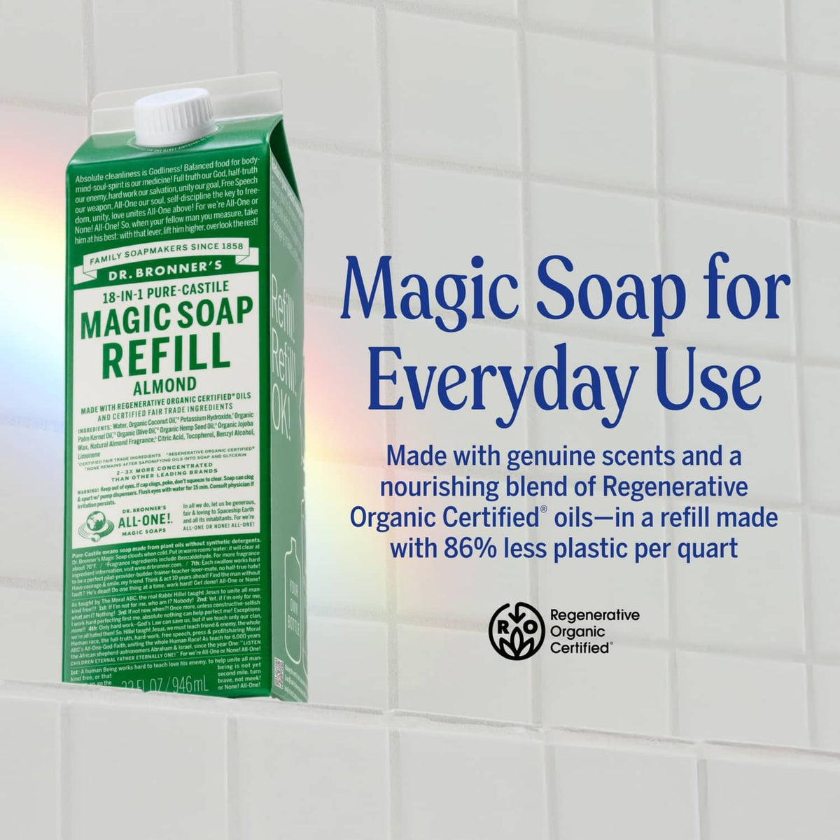 Green liquid soap refill bottle beside panel reading “Magic Soap for Everyday Use”