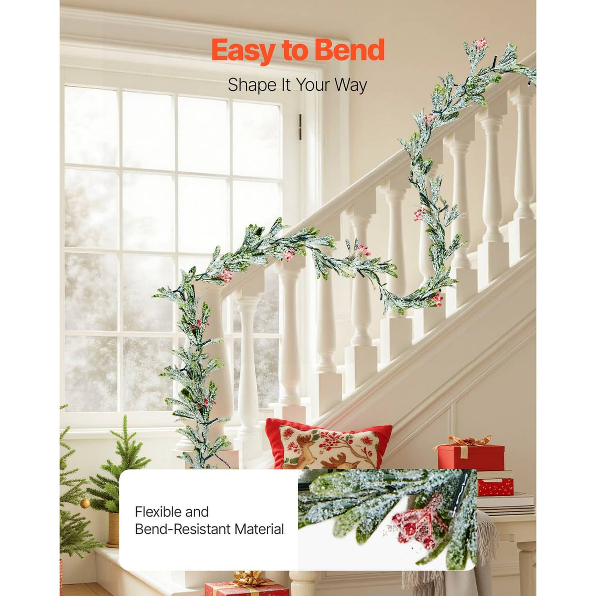 Flexible Christmas garland strand with vine leaves and red berry sprigs for shaping