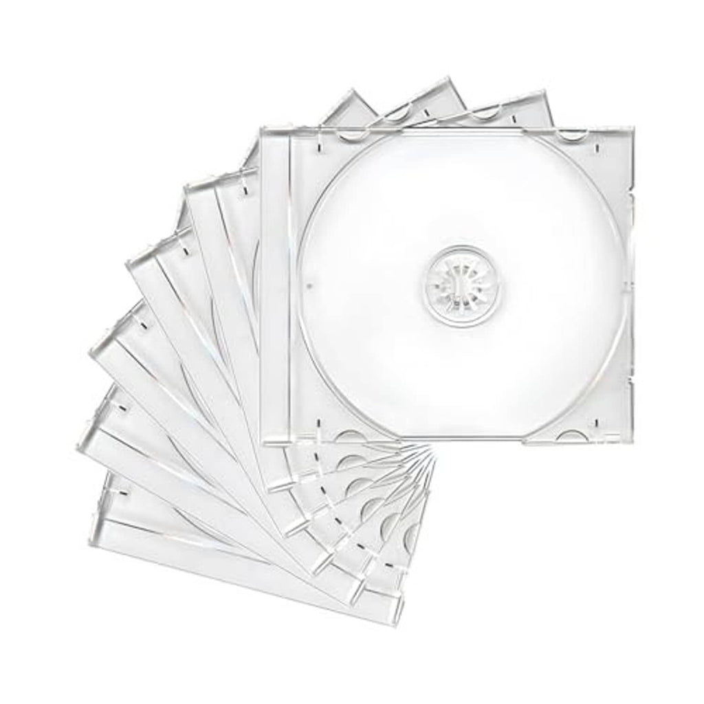 Clear CD jewel case set showing multiple single-disc holders with transparent hinged covers.