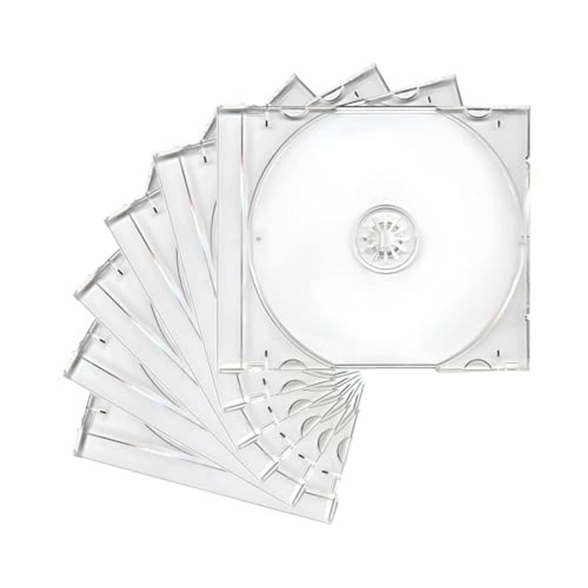 Clear CD jewel case set showing multiple single-disc holders with transparent hinged covers.