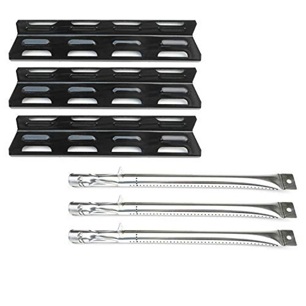 Black heat plate and three stainless burner tubes with mounting holes