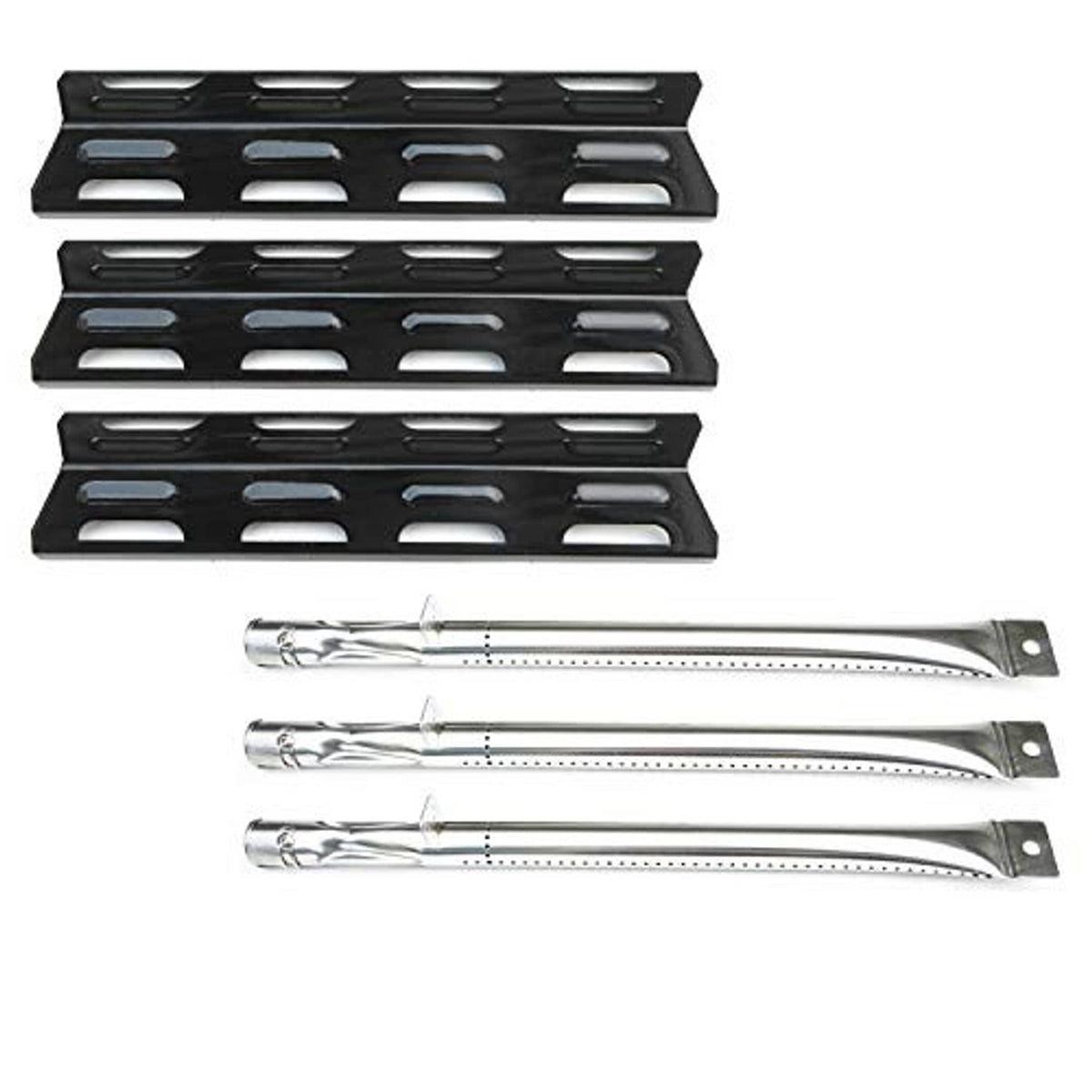 Black heat plate and three stainless burner tubes with mounting holes