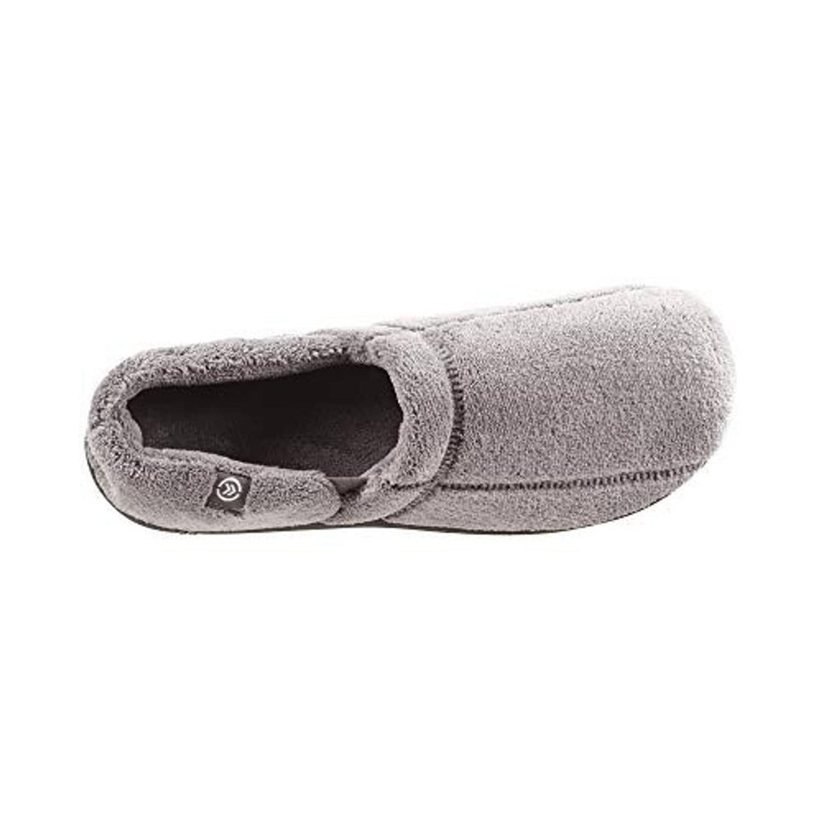 Men's charcoal microterry moccasin slipper, side view with small emblem and curved topline
