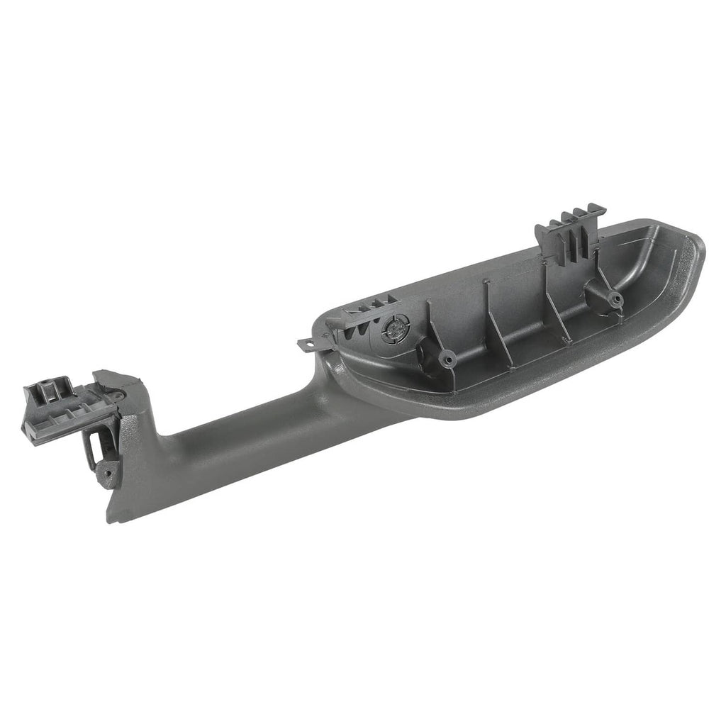 Front driver door armrest handle, dark gray plastic housing with mounting points