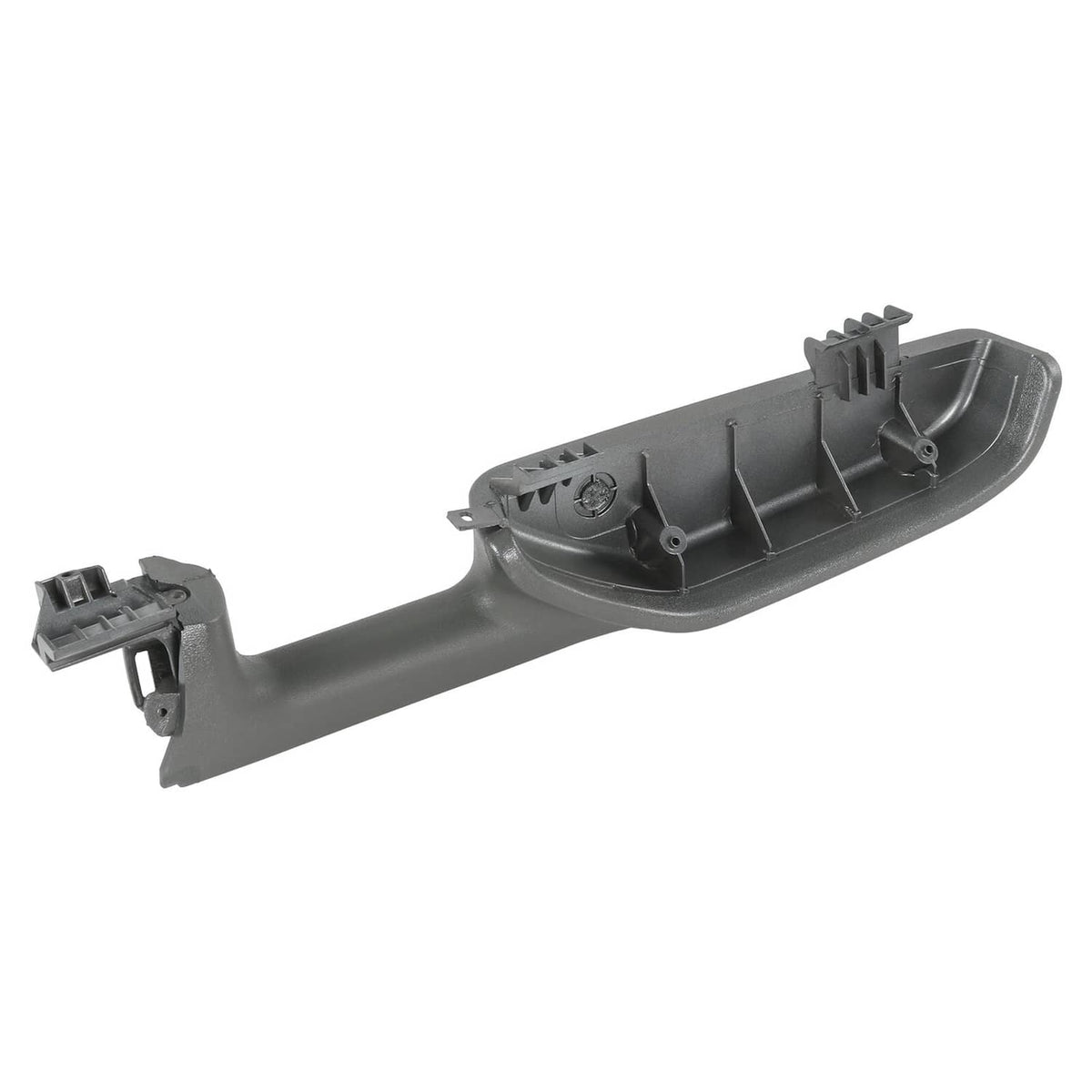 Front driver door armrest handle, dark gray plastic housing with mounting points