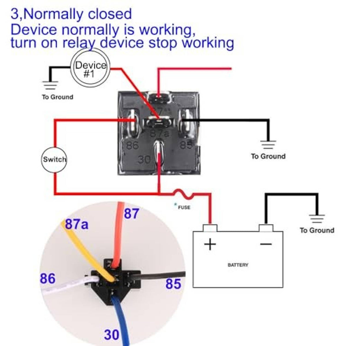 4-pin SPDT relay harness wiring diagram with normally closed contact and ground