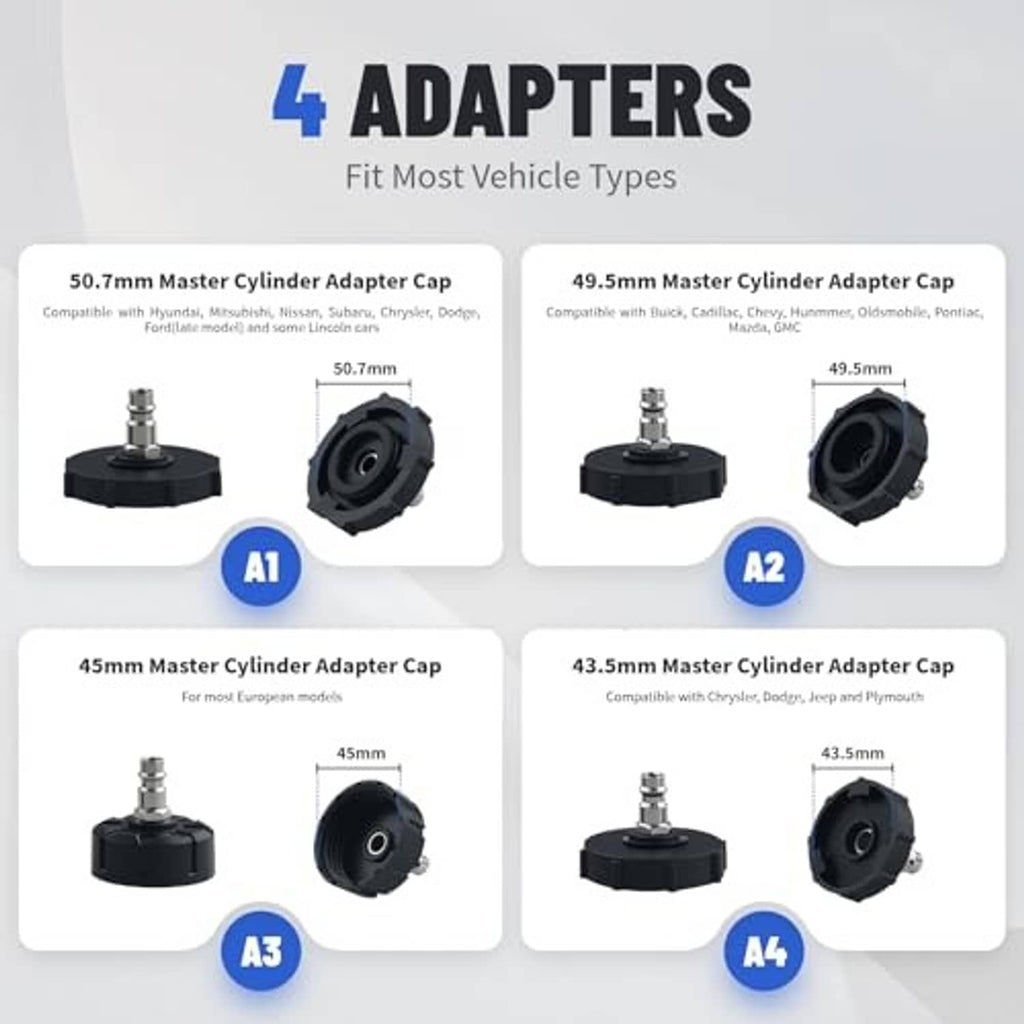 Brake bleeder adapter caps set with 4 sizes and connector stems
