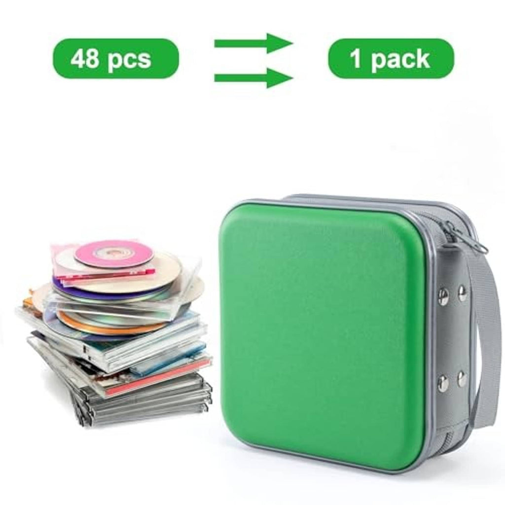 Green hard plastic DVD/CD case, 48-disc capacity, shown with stacked discs
