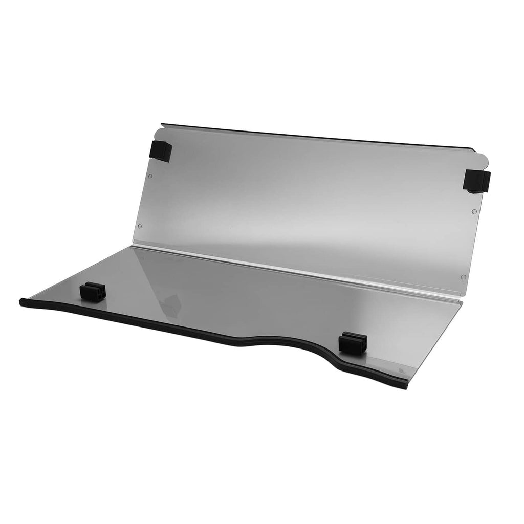 Tinted folding front windshield screen for EZGO RXV with black base and mounting blocks