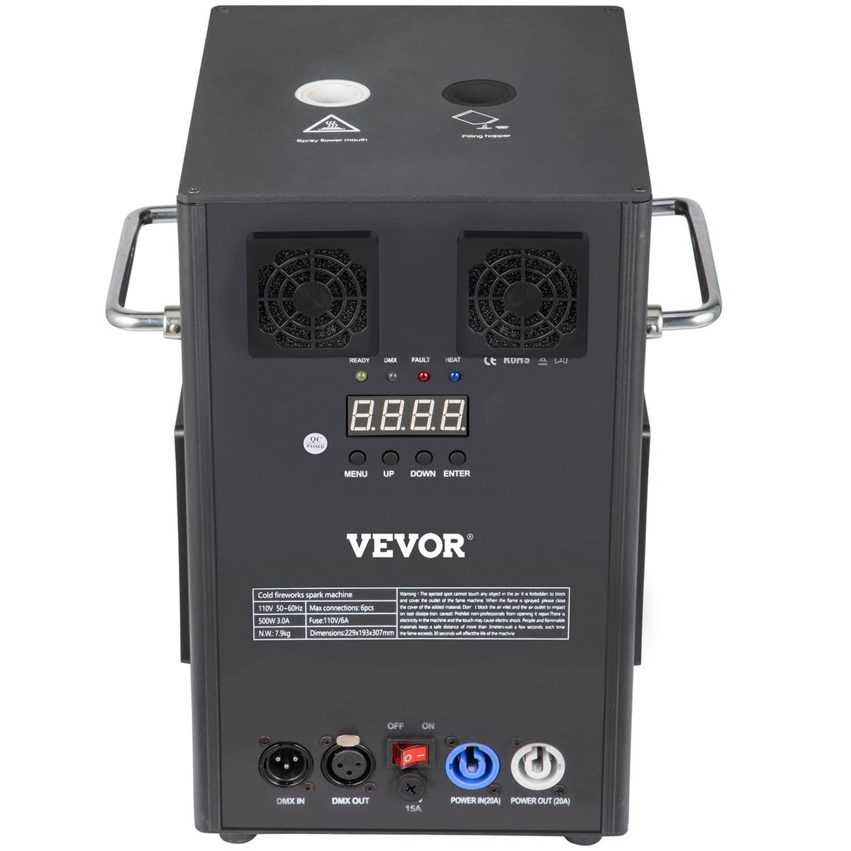 700W cold spark machine front view with two cooling fans and control ports