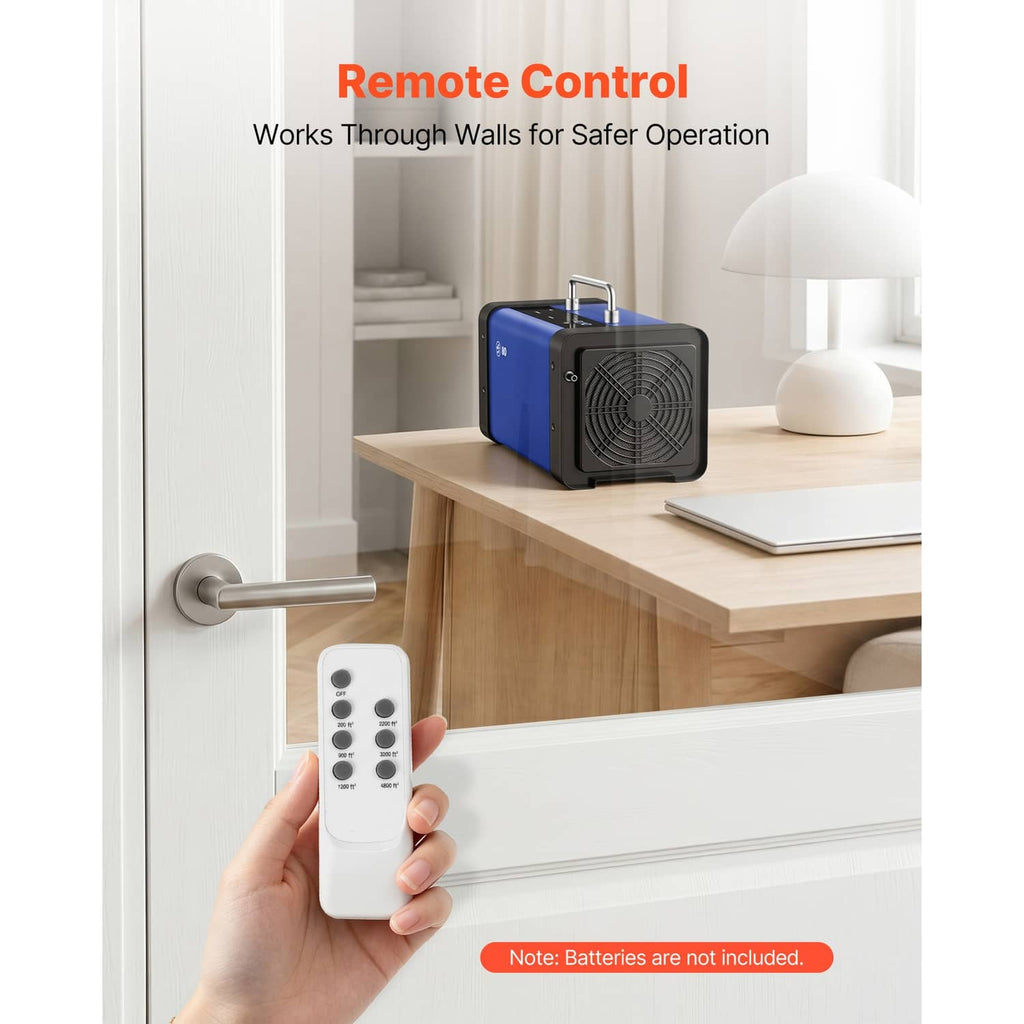 Blue ozone generator with remote control for operation, device shown near windowed room