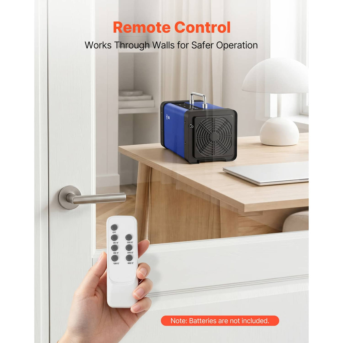 Blue ozone generator with remote control for operation, device shown near windowed room