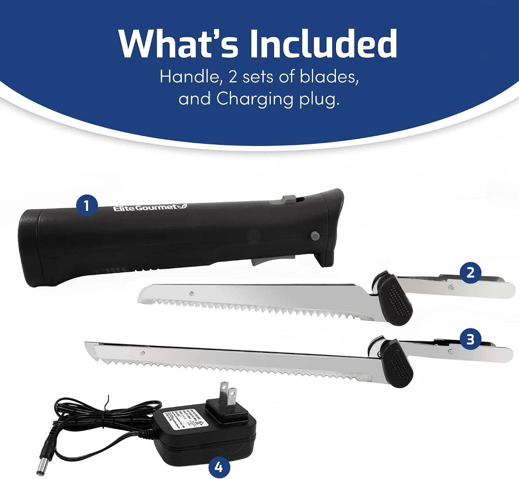 Cordless electric knife kit with black handle, two blades, and charging plug