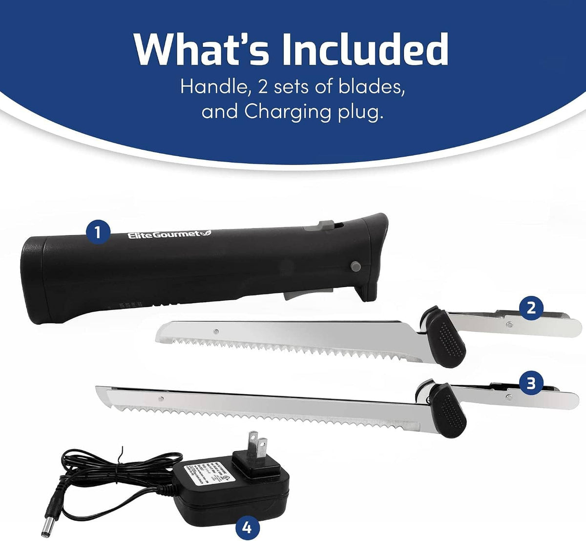 Cordless electric knife kit with black handle, two blades, and charging plug