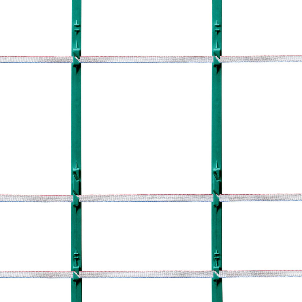 Close-up of red-white-blue electric fence tape strands between two green posts