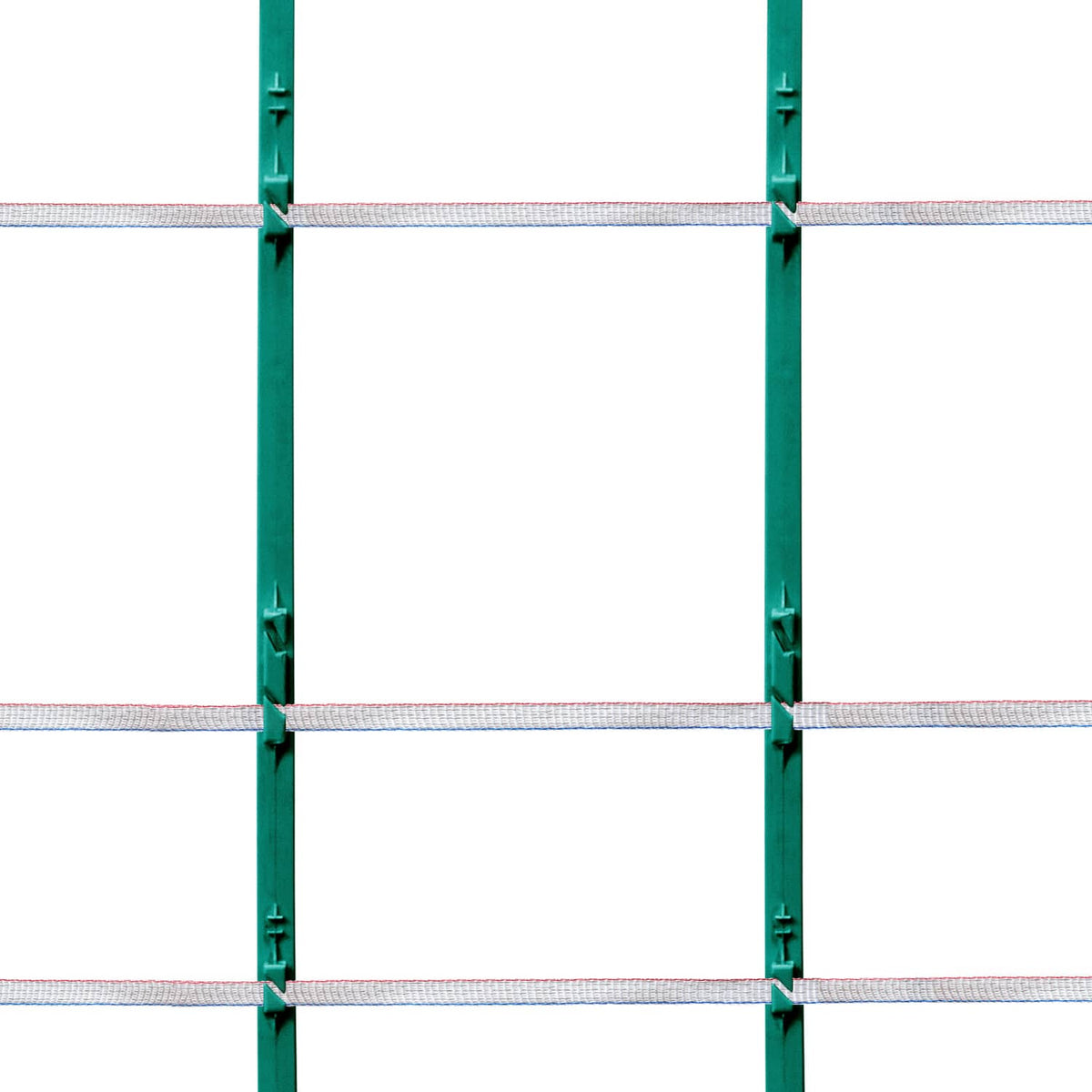 Close-up of red-white-blue electric fence tape strands between two green posts
