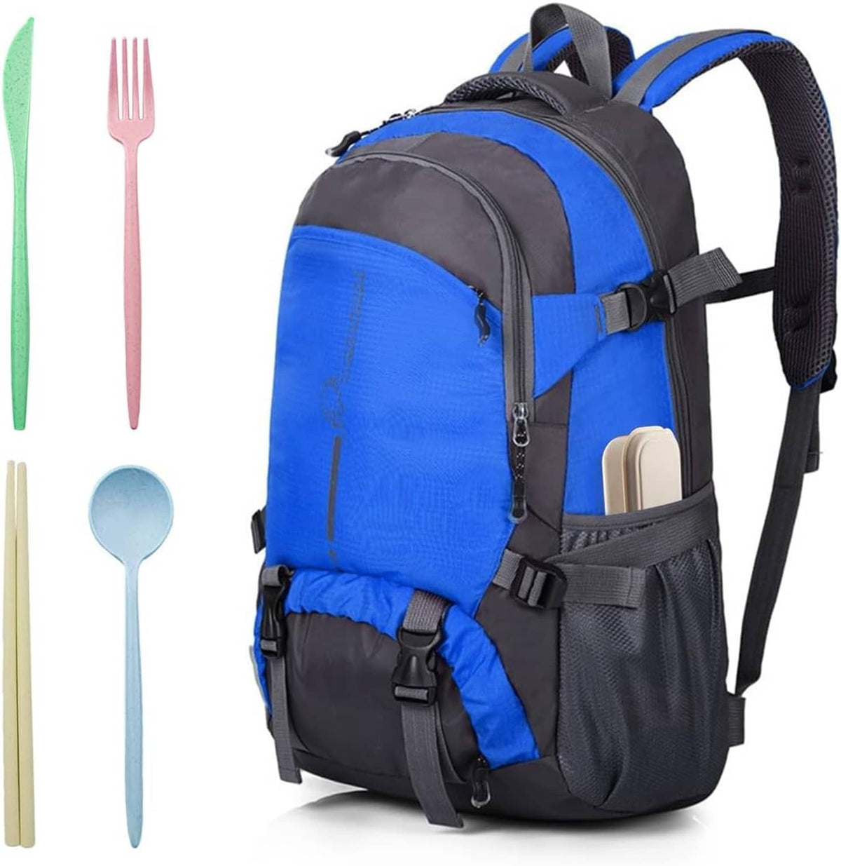 Reusable travel cutlery set attached to blue backpack with pastel utensils