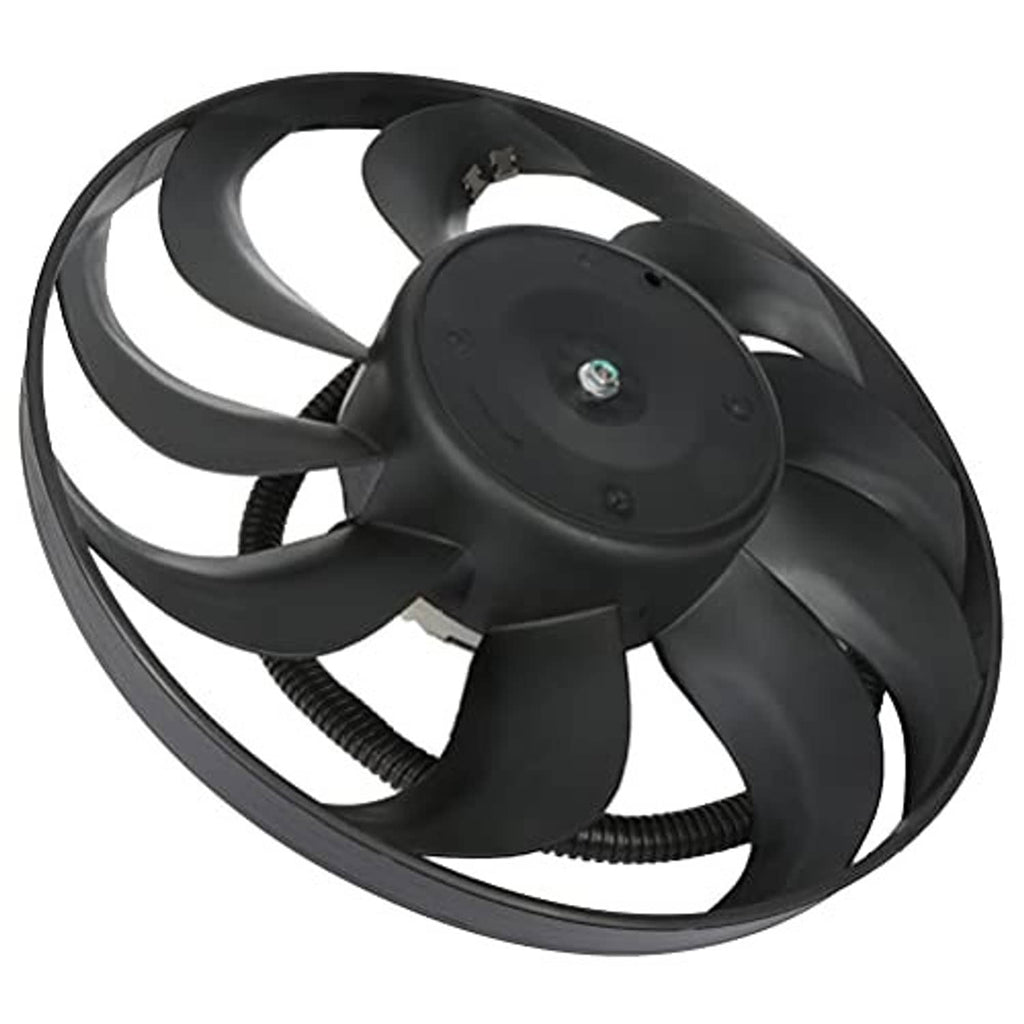 Condenser cooling fan assembly with black shroud and curved fan blades