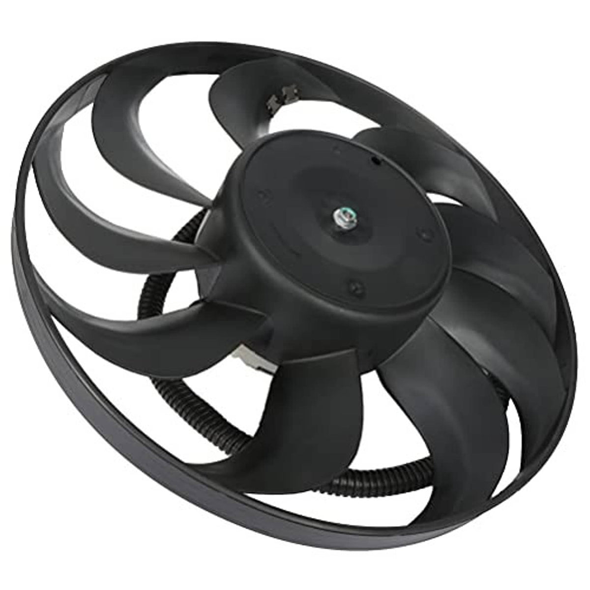 Condenser cooling fan assembly with black shroud and curved fan blades