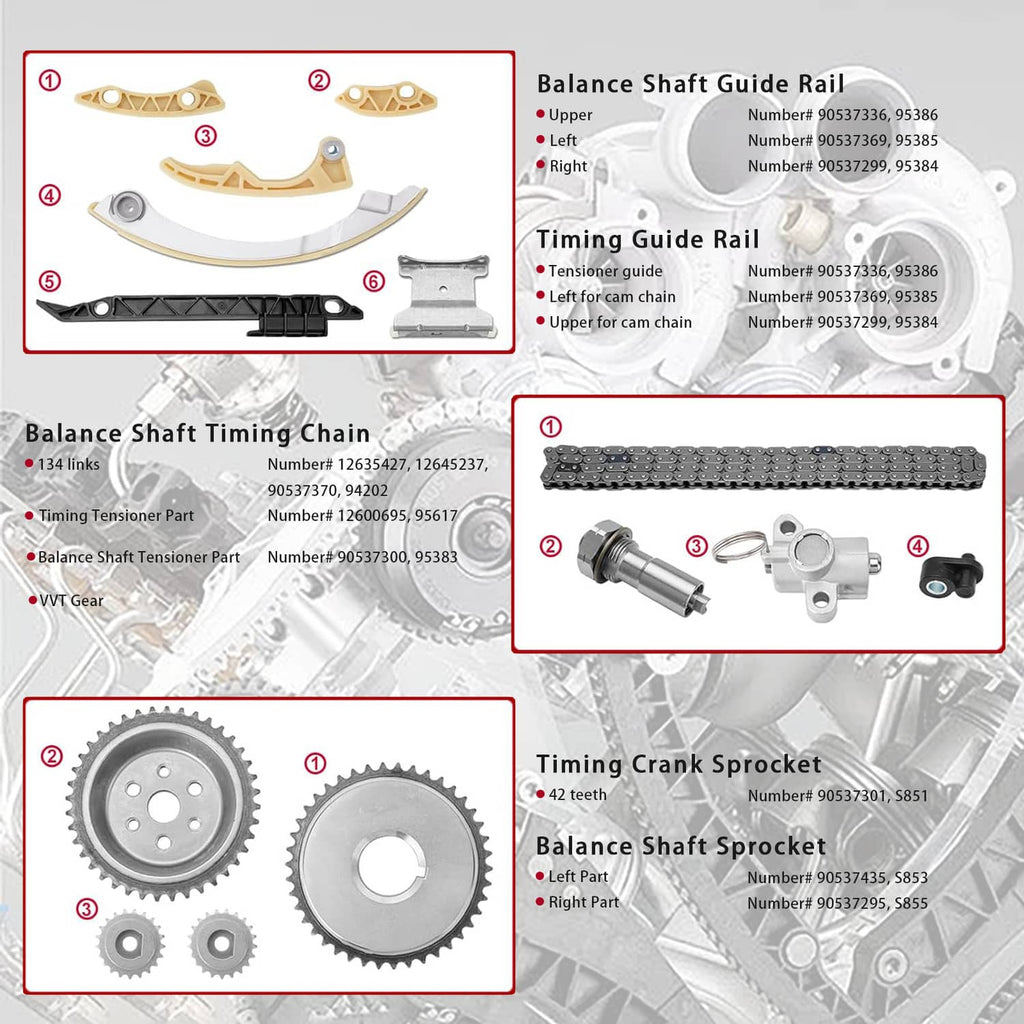 Timing guide rail and balance shaft parts kit, with sprockets, tensioners, and fasteners