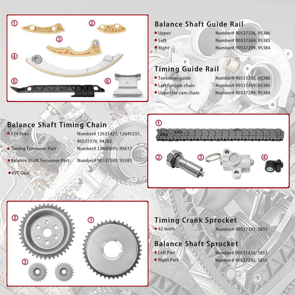 Timing guide rail and balance shaft parts kit, with sprockets, tensioners, and fasteners
