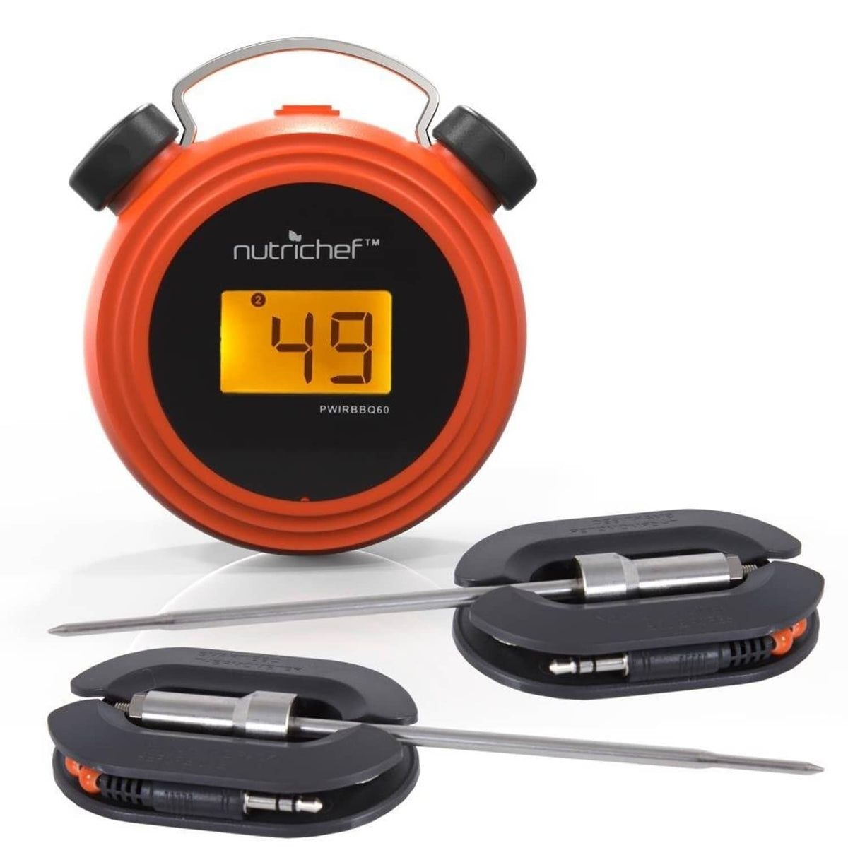 NutriChef Bluetooth BBQ meat thermometer with orange display and two stainless probes