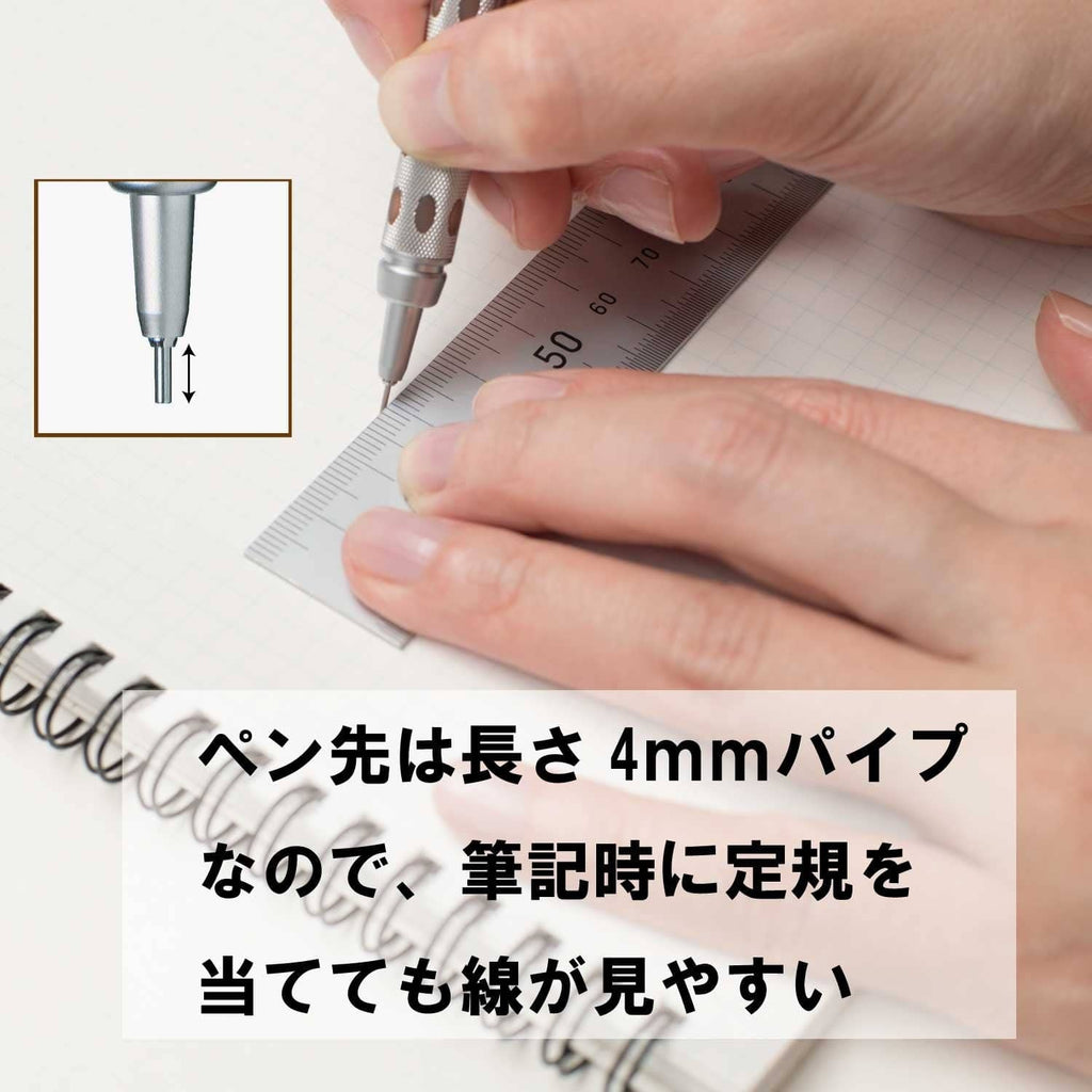 Brown mechanical drafting pencil drawing lines on grid paper with extended lead tip