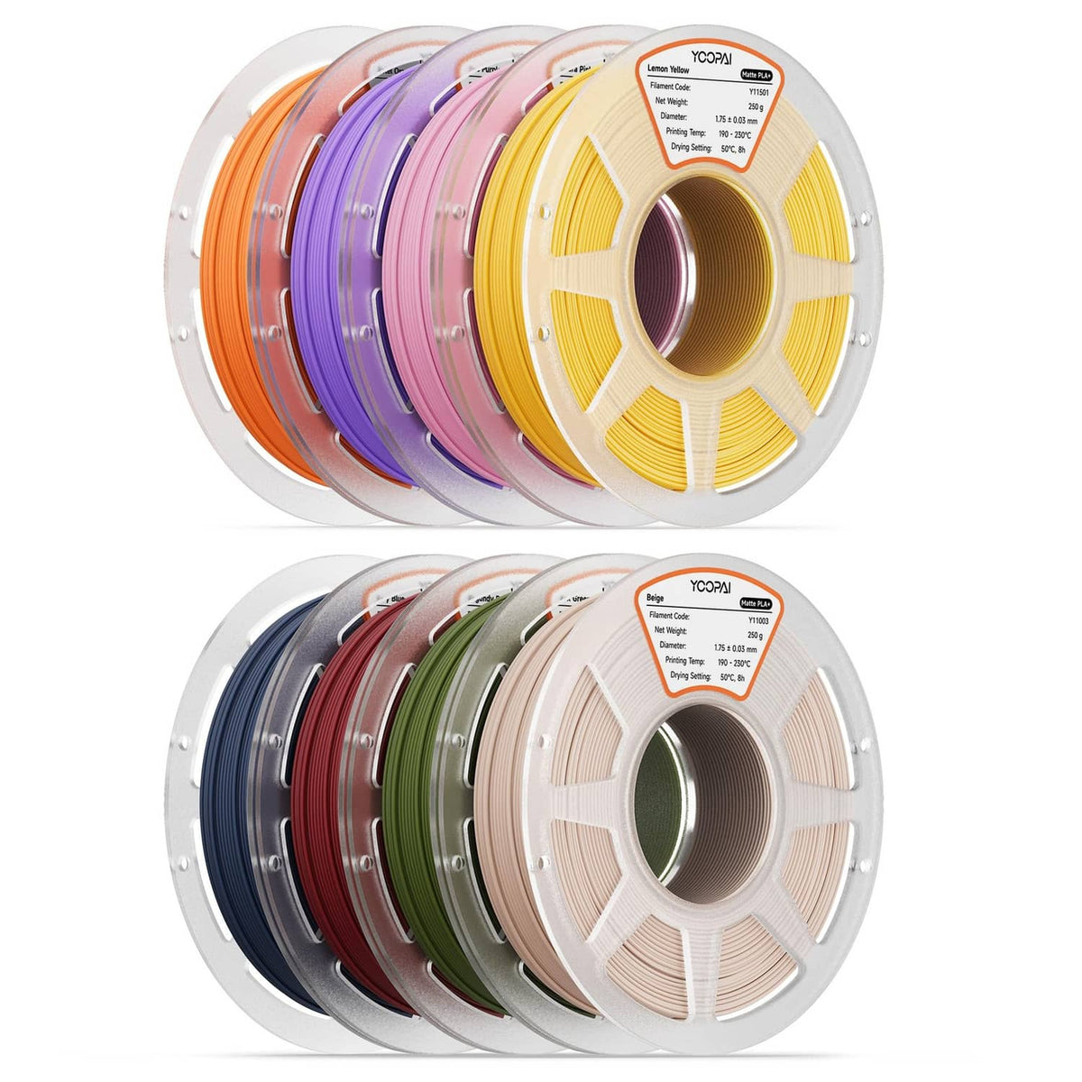 1.75mm PLA filament spool set, multicolor reels with orange, purple, pink, yellow