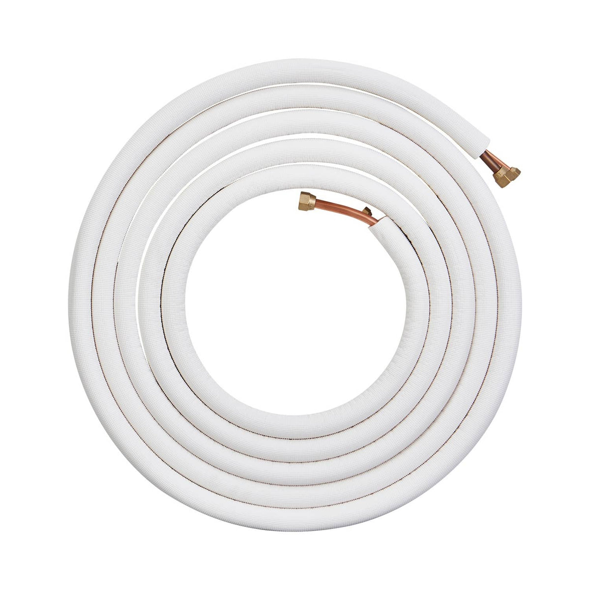 Coiled insulated mini split line set with white tubing and copper flare joints