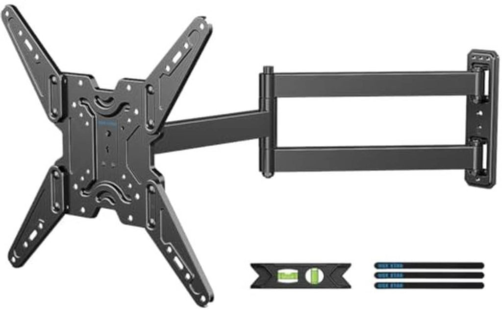 Black corner TV wall mount bracket with long arms and included mounting hardware
