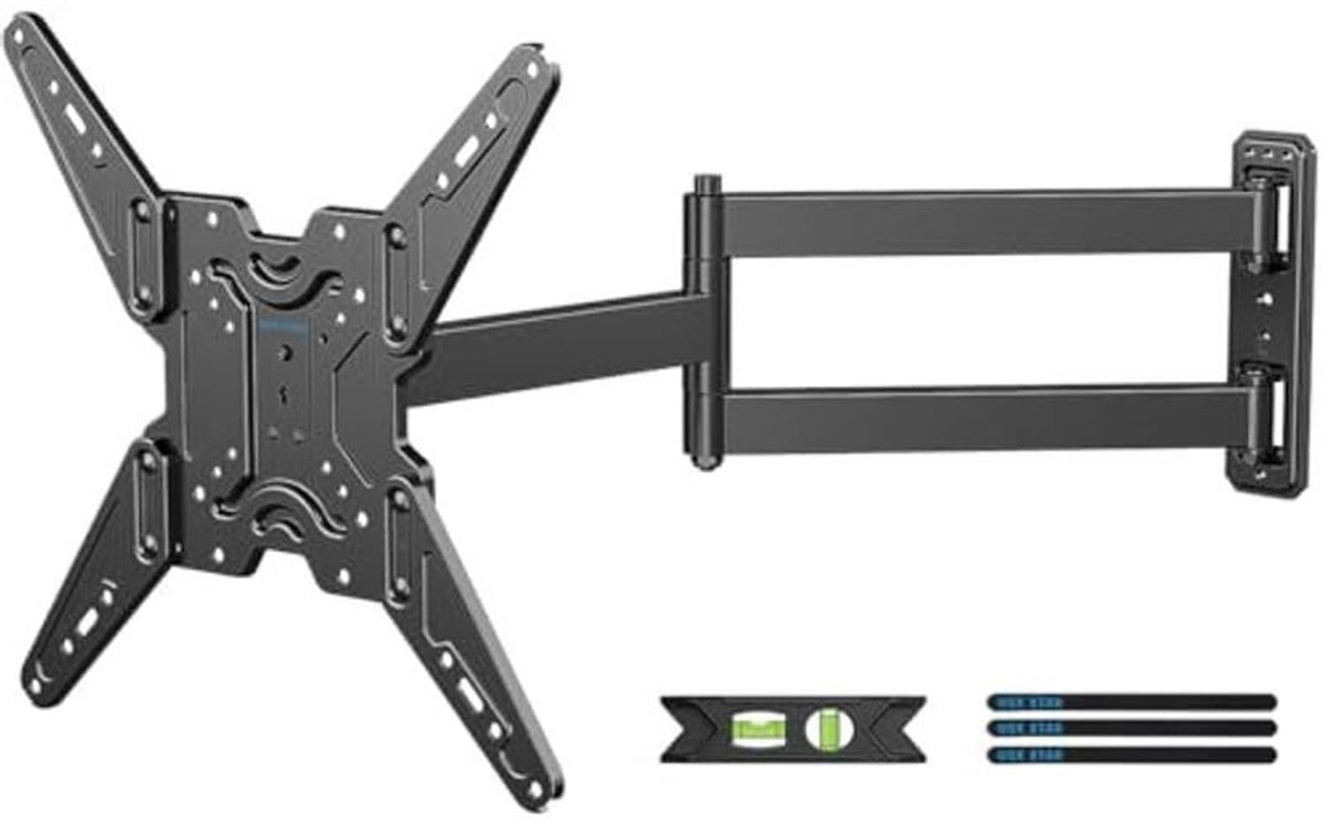 Black corner TV wall mount bracket with long arms and included mounting hardware
